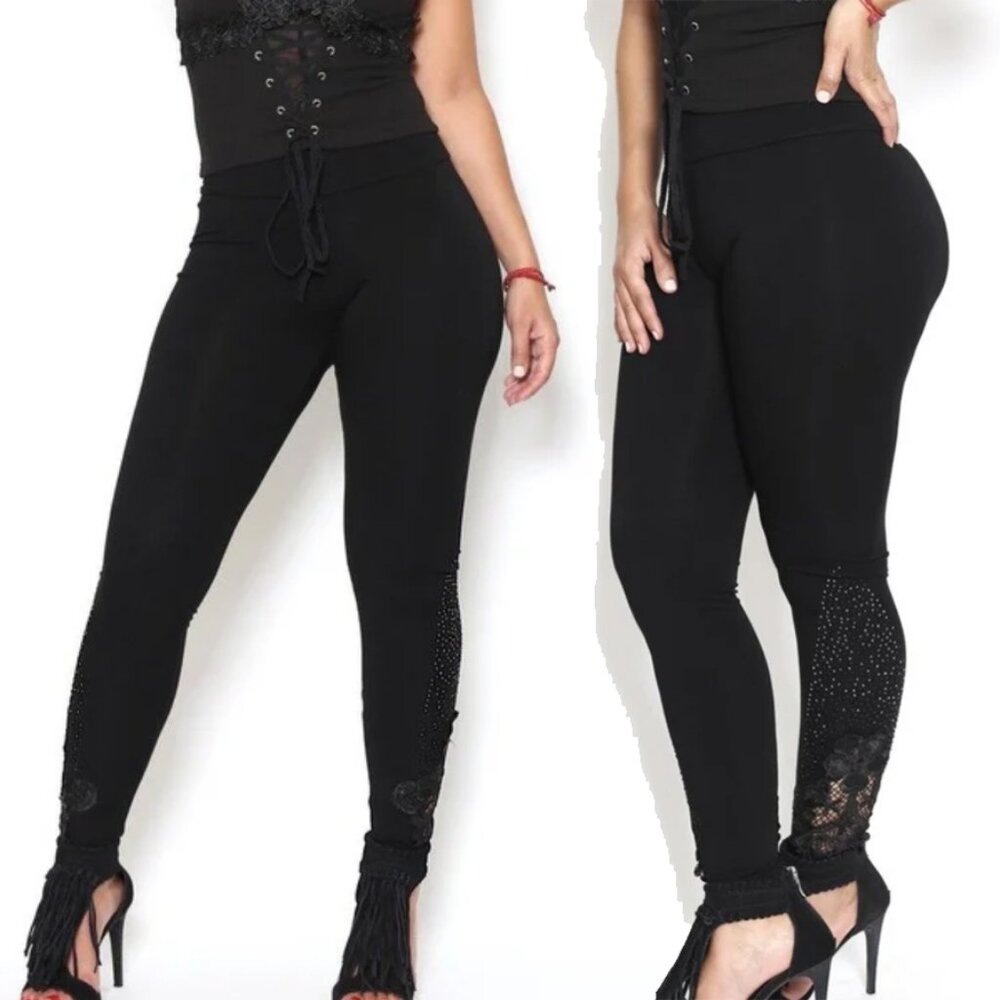 Leggings with Studded Stones Stretchy Leggings - Black